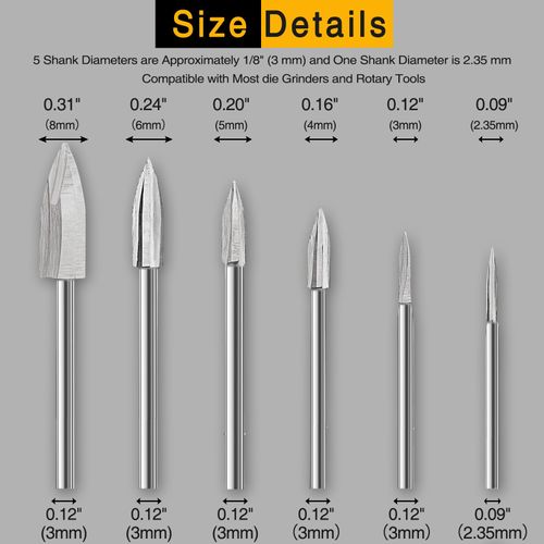 Qishiyi Wood Carving Bits Set - 6Pcs HSS Rotary Burrs & 1/8" Shank for DIY Craft, Professional Engraving Tools with Tricuspid Design for Fast Chip Removal