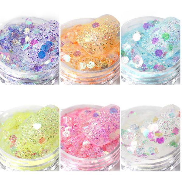 Luminous Glitter Set 6 Colors Luminous Nail Glitter Super Luminous Gel Nail Lurex Hologram Set Sequin & Powder Mix Size Glitter Glitter Lurex Hologram in Case