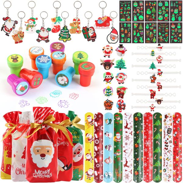 70 PCs Christmas Party Favors Kids Party Favor Bags Stamps Slap Bracelets Keychains Rings Bracelets Tattoos Xmas Classroom Gifts Prizes Stocking Stuffers Christmas Favors for Kids