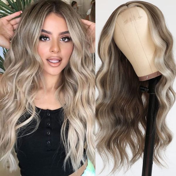 Lezaxiu Brown Wavy Hair Wig Long Highlights Wig Brown Blonde Color Wig Heat Resistant Glueless Synthetic No Lace Front Wigs for Fashion Women