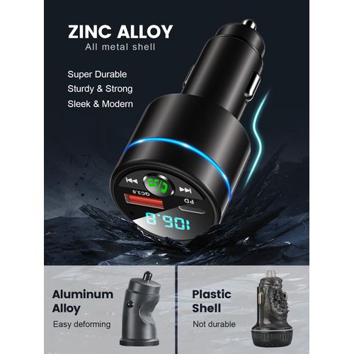 RIWUSI FM Transmitter for Car Bluetooth 5.3, [All-Metal] PD 30W & QC3.0 18W Fast Car Charger, Wireless FM Radio Car Kit Bluetooth Car Adapter, Noise Cancelling Hands-Free Call, Blue Light - Black