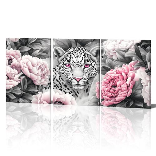 3 Set Leopard Wall Art Canvas Wildlife Animal Print Decor Picture Black and White Leopard Pink Eye Pink Poeny Flower Painting Poster Modern Artwork for Woman Living Room Bedroom(Ani-02,12"x16"x3)