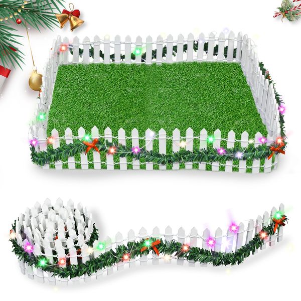 Johiux Dollhouse Accessories Small Fence Christmas Tree Miniature Wooden Fence,Mini Garden Fencing Fairy Garden Accessories, White Picket Fence Panel Garden Fence with LED Light.