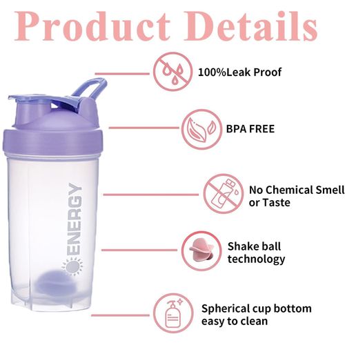 KHAOP Protein Shaker Bottle with Mixball - 500ml Gym Cup BPA and DEHP Free Leakproof for Pre Workout Mixer for Protein Powder Shakes & Supplement Shaker Bottle (Purple)