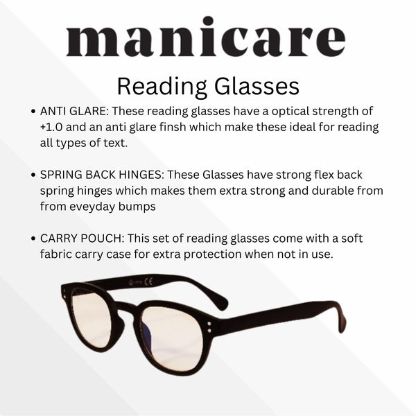 Manicare Reading Glasses, Thick Black Rim Design with Spring Back Hinges and Scratch Resistant Lenses, Comes with a carrycase for Extra Protection, Optical Strength +2.5