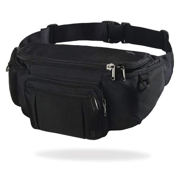 NZII Sports Fanny Pack for Men Women, Outdoor Waist Pack Bag with 6 Zipper Pockets, 1680D Nylon,Super Capacity Bum Bag with Adjustable Belt for Traveling Hiking Cycling Workout Casual (large black)