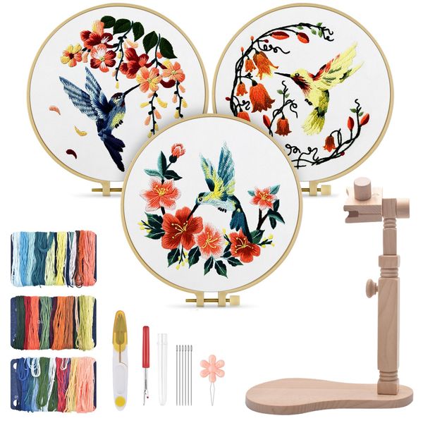 TINDTOP 3 Sets Embroidery Kit for Adults with Embroidery Hoop Stand, Hummingbird and Flower Embroidery Kit, Beech Wood Adjustable Rotated Embroidery Hoop Holder for Embroidery Projects