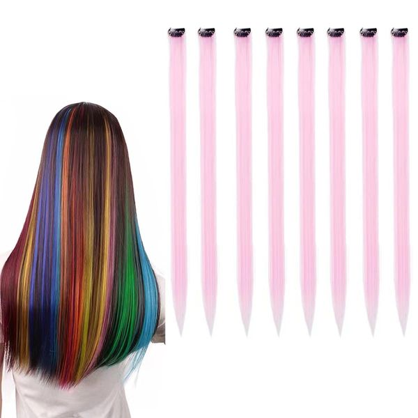 Kesaeki Extensions Neckline Wig Straight Long (Single Color 8 Piece Set) One Touch Hair Extension Free Combination 50cm Clip Attached Easy to Wear Light Pink