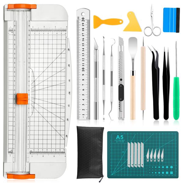 Famomatk 27PCS Craft Weeding Tools for Vinyl Kit,Utility Knife Set with 12Inch Paper Cutter Trimmer for Scrapbooking,Silhouettes,Cameos,DIY Art Crafting,Cutting,Splicing,Cardstock