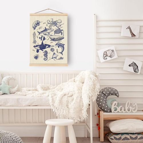 Boat Wades Sea Animals Shark Poster Hanger Frame For Nursery Classroom,Watercolor Rustic Ocean Animal Wooden Poster Hangers 12x16 Inch, Sea Life Kid Teen Room Bedroom Wall Art Decor