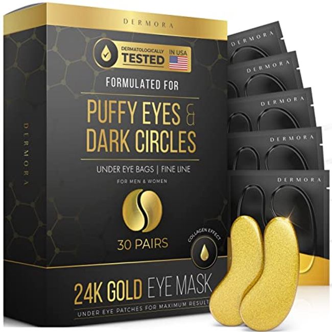 DERMORA Skin Treatment Mask 24K Gold Eye Mask - Rejuvenating Treatment for Dark Cirlce,Puffiness,Refresh,Revitalizing,Wrinkles - 30 Pairs Eye Gels