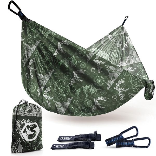 Foxelli Camping Hammock – Lightweight Portable Hammock from Durable Parachute Nylon with Tree Ropes & Carabiners for Indoor & Outdoor Use Hiking Camping Beach Backpack Travel