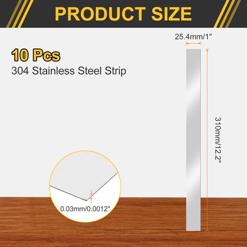uxcell 10 Pcs Stainless Steel Strips, 0.001"(0.03mm) Thick 304 Stainless Steel Metal Shim Stock 1"x12"(25.4x310mm) Stainless Steel Flat Bar Gap Filler Trim Strip for DIY Craft Making