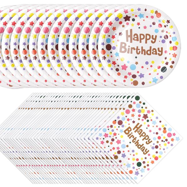 120 Pcs Happy Birthday Party Paper Plates 60 Pcs 7 Inch Disposable Polka Dots Plates 60 Pcs Napkins Set Birthday Cake Plates Paper Dessert Plates for Birthday Party Theme Decorations Favors Supplies