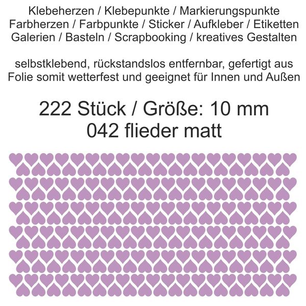 Aufkleber Etiketten Klebeherzen Herzen Herz Klebepunkte aus Folie 222 Stück flieder matt Größe 10 mm selbstklebend farbig wetterfest Markierungen Organisieren DIY basteln verzieren Scrapbooking