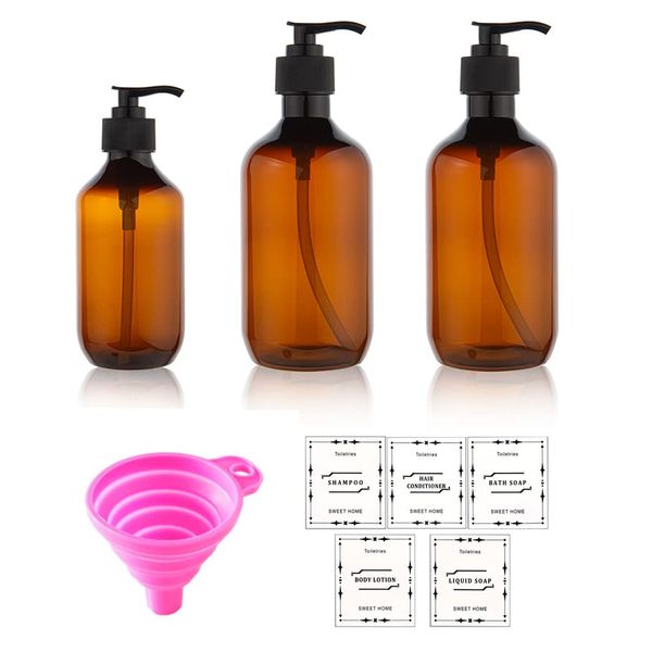 3 Pcs Pump Dispenser Bottle，500ml & 300ml Plastic Soap Dispenser Pump Bottles，Plastic Pump Bottles with 5 Label，Refillable Pump Bottles，Lotion & Soap Dispensers (Amber)