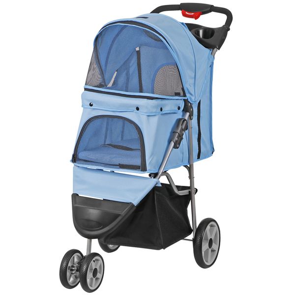 3 Wheels Pet Stroller with Storage Basket & Cup Holder Blue Travel Dog Stroller