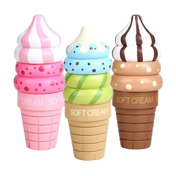 Ungfu Mall 3PCS Wooden Ice Cream Magnetic Connected Food Pretend Play Children Gift Toy Game Random Color