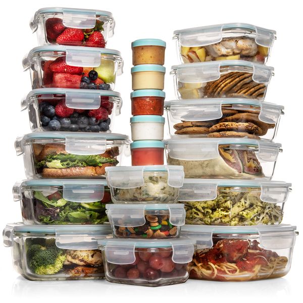 Razab 35 Pc Set Glass Food Storage Containers with Lids - Meal Prep Airtight Glass Bento Boxes BPA-Free 100% Leak Proof (15 lids,15 glass & 5 Plastic Sauce/Dip Containers)