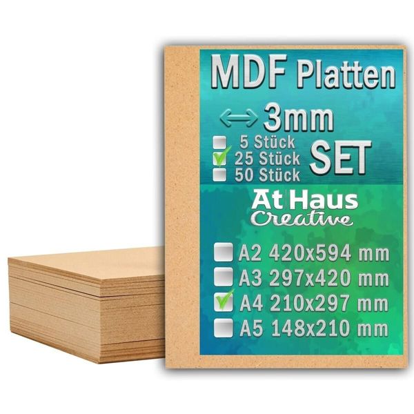 AtHaus MDF SET 25 x A4-297 x 210mm Holz-Platten 3mm Dünne Holzplatten Zuschnitt zum Basteln, Bemalen, Modellierung, Gravur, Perfekt für Laser, CNC Router