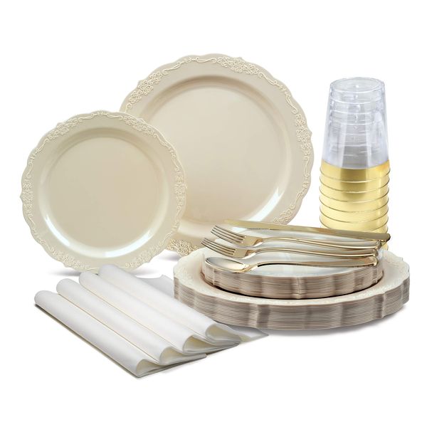 " OCCASIONS" 200 Pieces set (25 Guests)-Vintage Wedding Party Disposable Plastic Plates & cutlery -25 x 10'' + 25 x 7.5'' + Silverware + Cups + Napkins (Verona Plain Ivory)