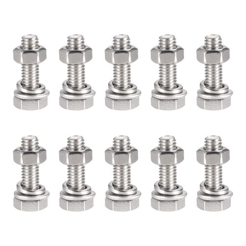sourcing map M6 x 25mm Hex Head Screws Bolts, Nuts, Flat & Lock Washers Kits, 304 Stainless Steel Fully Thread Hexagon Bolts 10 Sets