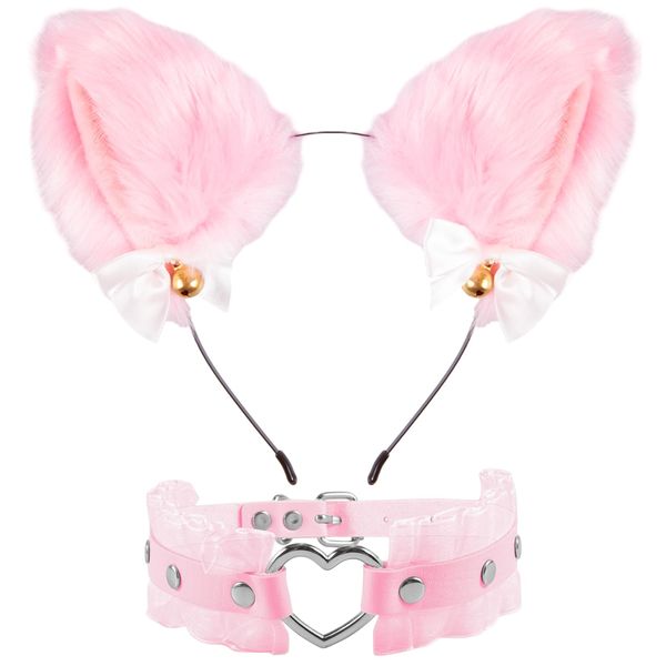 Makone Katzenohren Katze Cosplay Set mit Herz Halskette und Katzenohren Haarreif, Niedlich Cat Ears Haarschmuck Halloween Kostüm Anime Cosplay Mädchen Damen und Kinder(rosa), Durchschnittsgröße