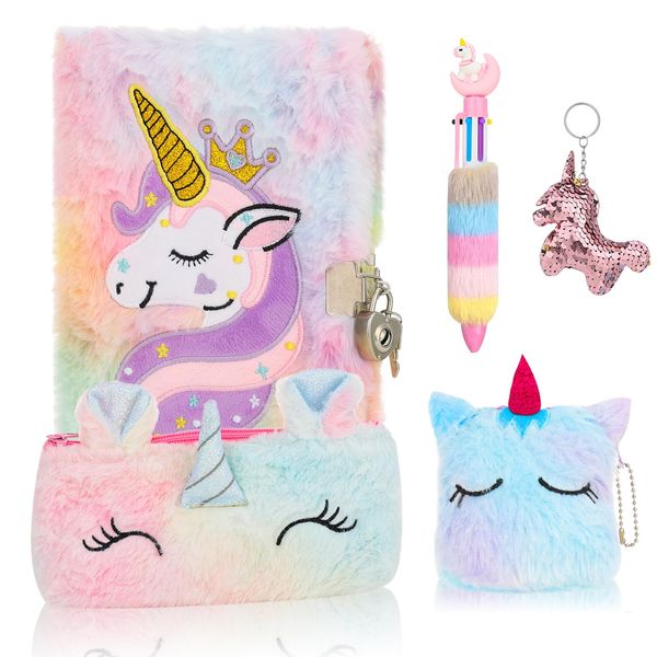 FRIUSATE Plush Unicorn Notebook, Girls Secret Diary Journal Notebook with Lock, Furry Unicorn Coin Purse Unicorn Pencil Bag Unicorn 6-in-1 Ballpoint Pens Present for Girls Boys Children