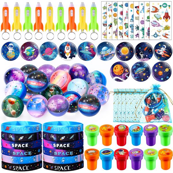 Faccito 84 Pcs Space Party Favors Bouncy Balls Silicone Bracelets Rocket Light Key Chain Stamps Space Party Supplies Galaxy Theme Bag Fillers for Solar System Planet Theme Birthday Classroom Rewards