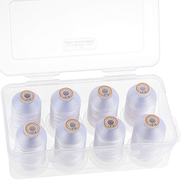 New brothread 8 White Polyester Sewing Machine Embroidery Thread Set #50 1000M (1100Y) Each Spool Embroidery Sewing Thread with Clear Plastic Storage Box for Embroidery Sewing Machine