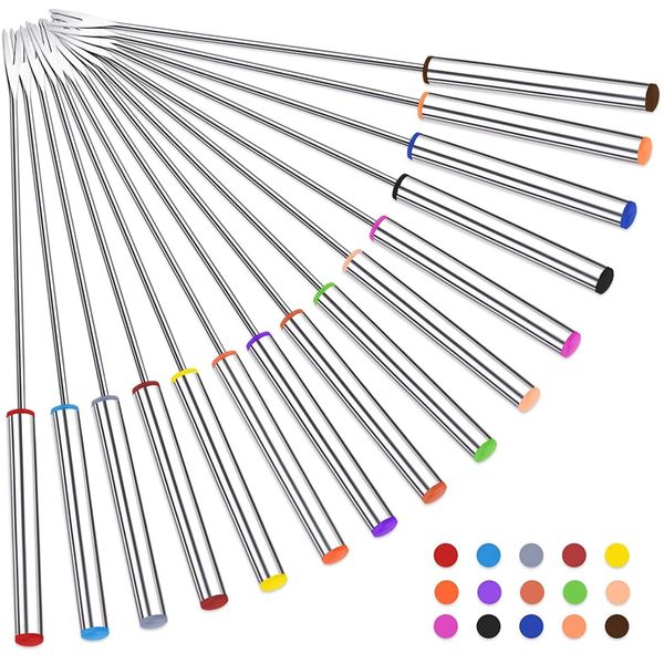 15pcs 9.6 Inch Fondue Sticks, Smores Sticks, Stainless Steel Fondue Forks with Heat Resistant Handle for Roast Meat Chocolate Dessert Cheese Marshmallows