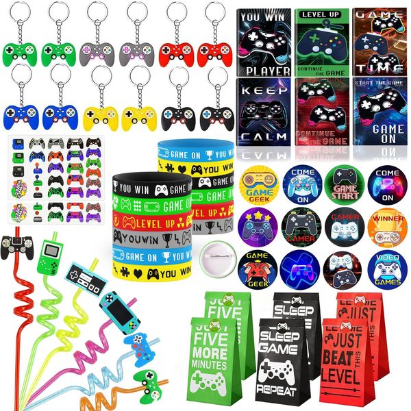 XIPEGPA Video Game Party Favors Birthday Supplies for Kids Bags Notebooks Wristbands Straws Keychains Game On Pinata Stuffer Present Boys Gamer Party Favors