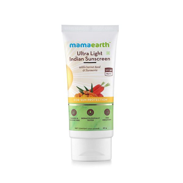 Mamaearth's Ultra Light Natural Sunscreen Lotion SPF 50 PA+++ With Turmeric & Carrot Seed, 80ml