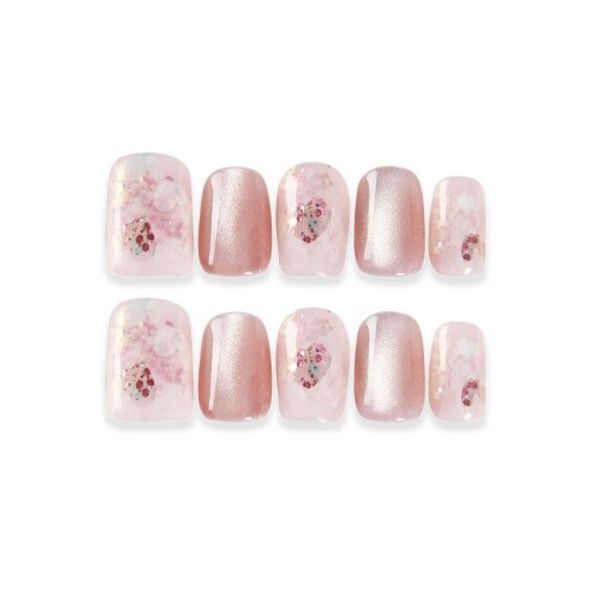 Handmade nail tips, 3D nails, short, popular for spring and summer, short nail tips, 10 pieces, cat eye, magnet, 100% handmade nails, cat eye stone, heart pattern, mass-produced, cute, flower, fake nails (S)