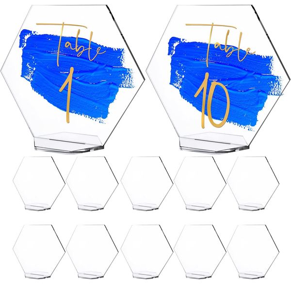 BSTMOME Acrylic Table Numbers/Blank with Stands Hexagon Clear Place Cards Seating Stable Chart Sign for DIY Wedding Reception Dinner Birthday Party Event Table Decorations - 10 Packs