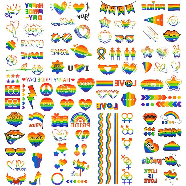 HOWAF 10 Sheets Pride Tattoo Stickers, LGBT Gay Pride Temporary Tattoos Rainbow Tattoos Stickers Waterproof Rainbow Flag Gay Pride Flag Tattoos Pride Face Paint Sticker for LGBTQ Gay Pride Accessories