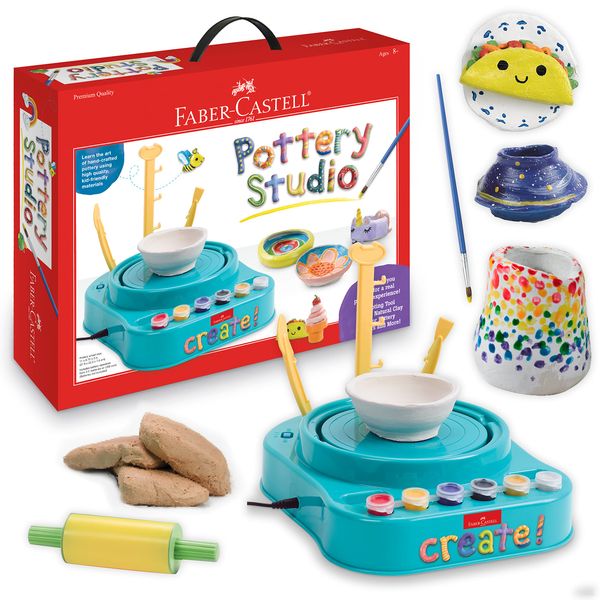 Faber-Castell Pottery Studio - Kids Pottery Wheel Kit for Ages 8+, Complete Pottery Wheel and Painting Kit for Beginners, 3 lbs of Sculpting Clay and Tools, Blue