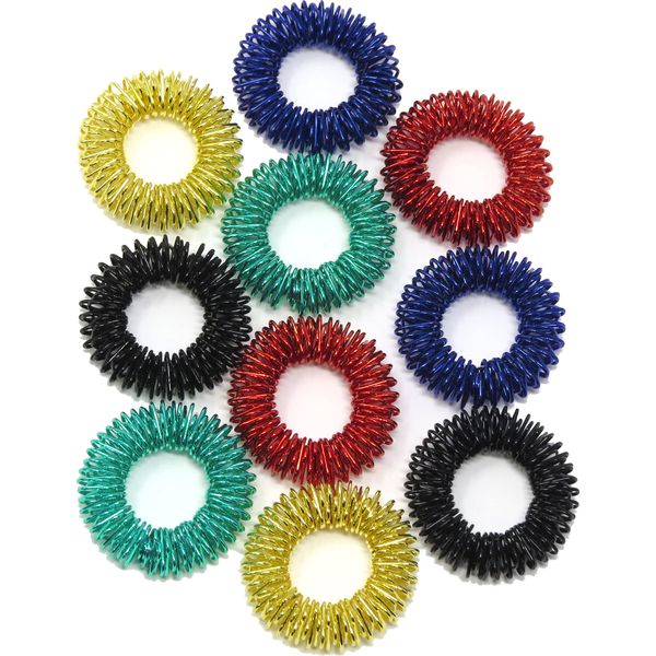 Sensory Rings (10 Piece) - Metal Spiky Fidget Band - for Anxiety, Stress Relief, Kids, Women, Men, Children - Silent Finger Massage Roller - for Acupressure, Home, School, Car and Travel