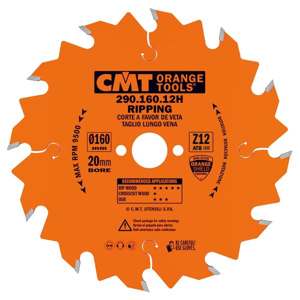 CMT 290.160.12H Ripping Saw Blade for Festool machines, 160mm 6-5/16-Inch by 12 Teeth 10-Degree ATB with 20mm Bore