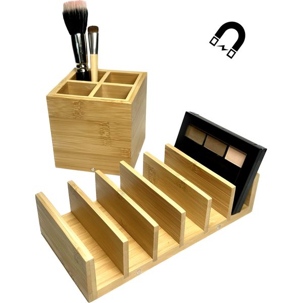 2Droids Modular Bamboo Makeup Palette Organizer and Makeup Brush Holder 2-piece Set with MagniLock