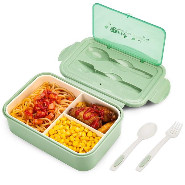 BIBURY Lunch Box, Leakproof Bento Box for Kids Adults, Food Container with 3 Compartments and Cutlery Set, BPA Free, Microwave and Dishwasher Safe Meal Prep Containers - Green