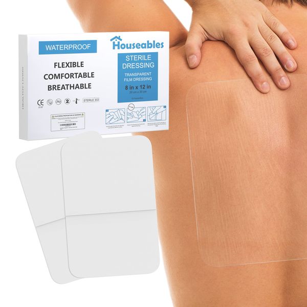 Houseables Waterproof Bandages Film, Transparent Dressing, Skin Shield Patches, 8x12 Inch, Clear, 10 Pack, Wound Cover Bandage, Adhesive Dressings Pad for Swimming, Post Surgical, Tattoo, Catheter, IV