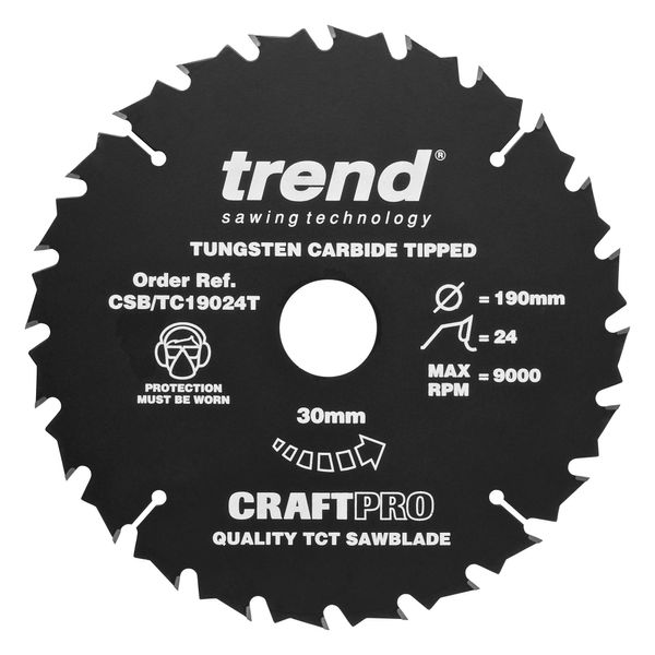 Trend Wood Cordless Circular Saw Blade, 190mm Diameter, 30mm Bore, 24 Teeth, TCT, 1.8mm Kerf, +15° Hook, CSB/TC19024T