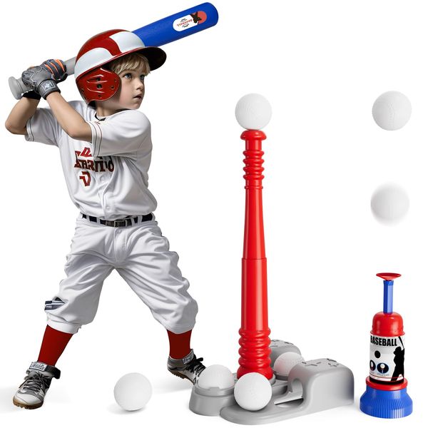 Wee Wonders 2 in 1 T Ball Set - Adjustable Height, Tee Ball Set with Automatic Pitching Machine/6 Balls/Baseball Bat, Toddler Baseball Toy for Outdoor Play, Sport Toys Gifts for Kids Age 3-8