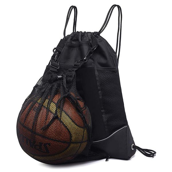 STAY GENT Drawstring Basketball Backpack for Boys, Foldable Soccer Backpack Gym Bag Sackpack Sports Sack with Detachable Ball Mesh Bag for Volleyball Baseball Yoga, Black