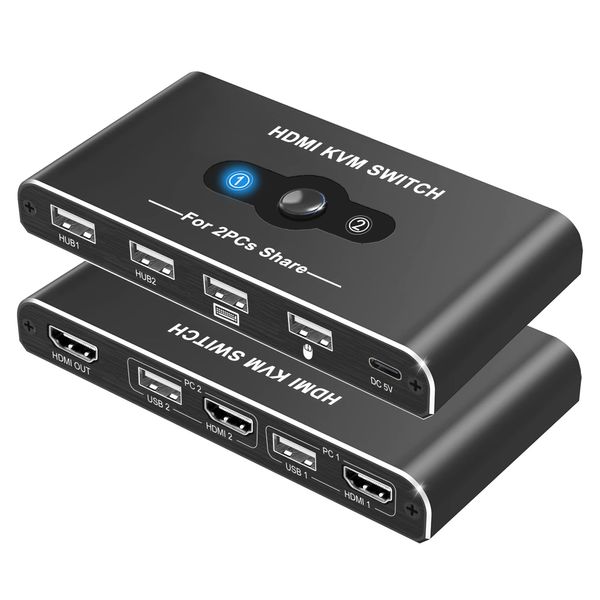 KVM Switch, Movcle KVM, USB Switcher, 2 PCs, Keyboard, Mouse and Display, 4K @ 60Hz Video Output, Easy Connection, 4 USB-A Ports, Compatible with Keyboards, Mouse, Printers, and Other USB C Devices,