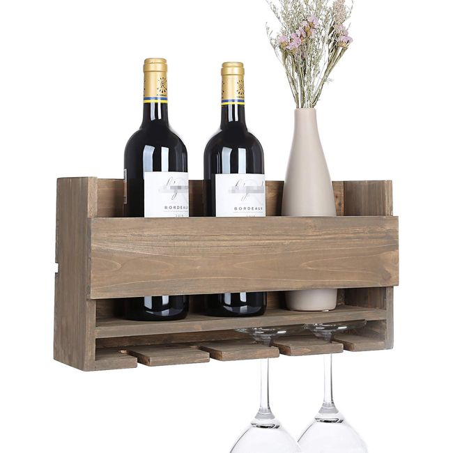 UNDER CABINET Mounted Rustic Wood Wine Rack Hanging Stemware Glass