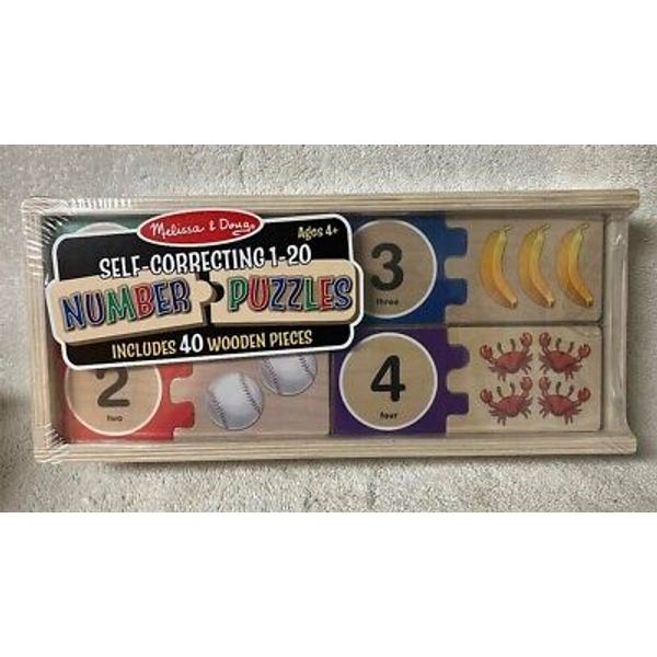 Melissa & Doug Self-Correcting Wooden Number Puzzles With Storage Box 40 pcs NIB