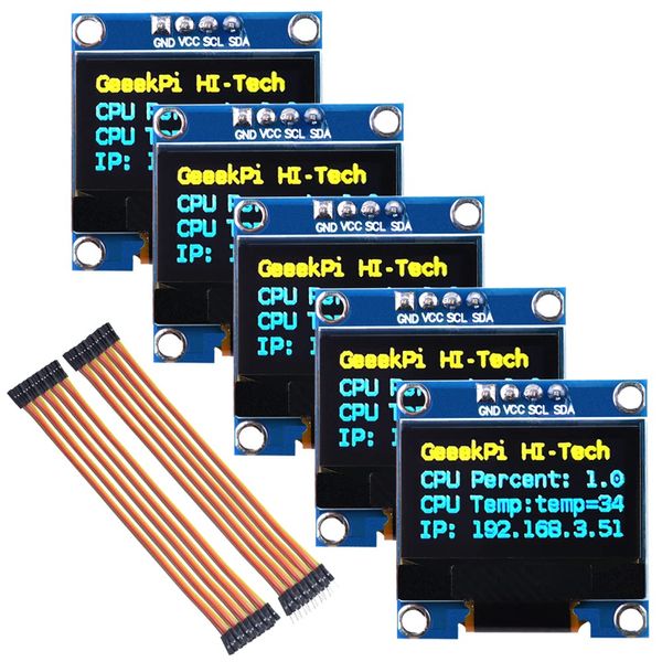 GeeekPi 5pcs OLED Display Module I2C IIC 128X64 Pixels 0.96" Display Module Yellow Blue Two Color Display for Raspberry Pi Arduino 51 Series MCU STM32 R3 and Mega