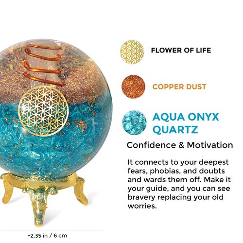 Orgonite Crystal Blue Aquamarine Crystal Ball with Stand for Positive Energy, E-emission Protection and Chakra Balancing –with Flower of Life Symbol to Promote Purpose, Serenity and Courage
